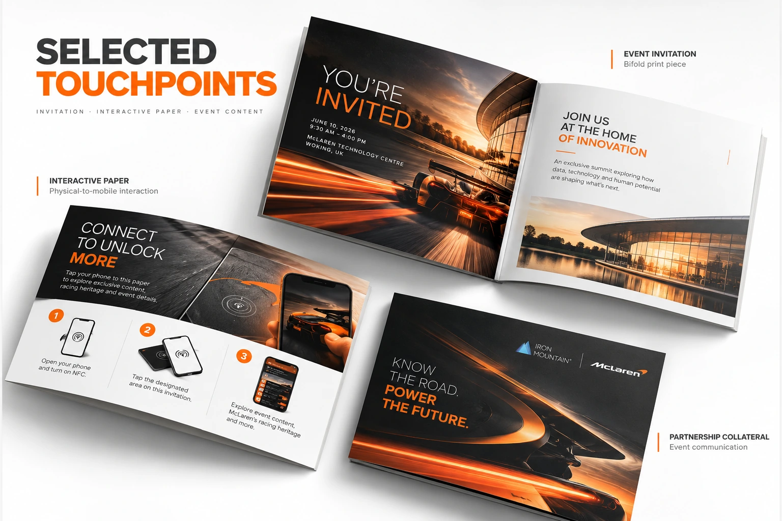 Selected touchpoints — invitation, interactive paper and partnership collateral